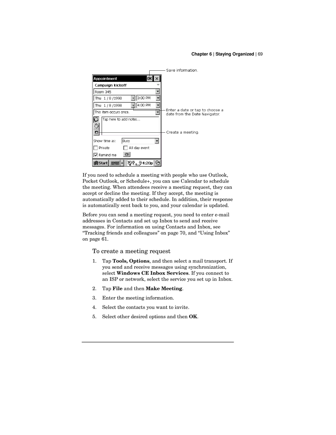 HP 420 manual To create a meeting request, Tap File and then Make Meeting 