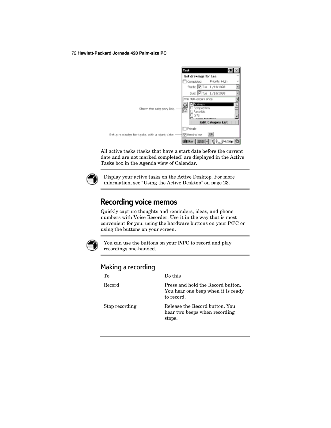 HP 420 manual Recording voice memos, Making a recording 