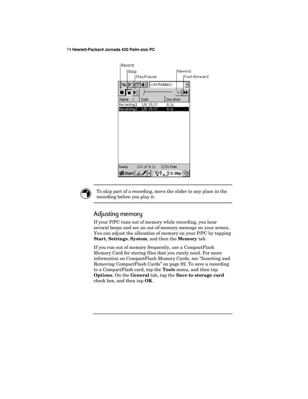 HP 420 manual Adjusting memory 