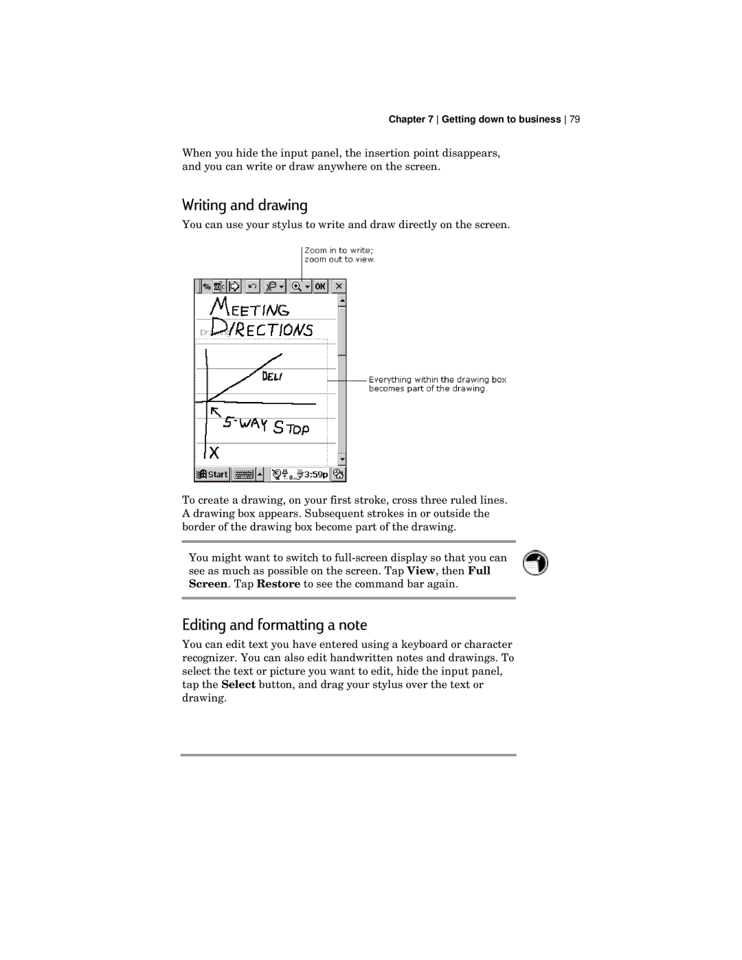 HP 420 manual Writing and drawing, Editing and formatting a note 