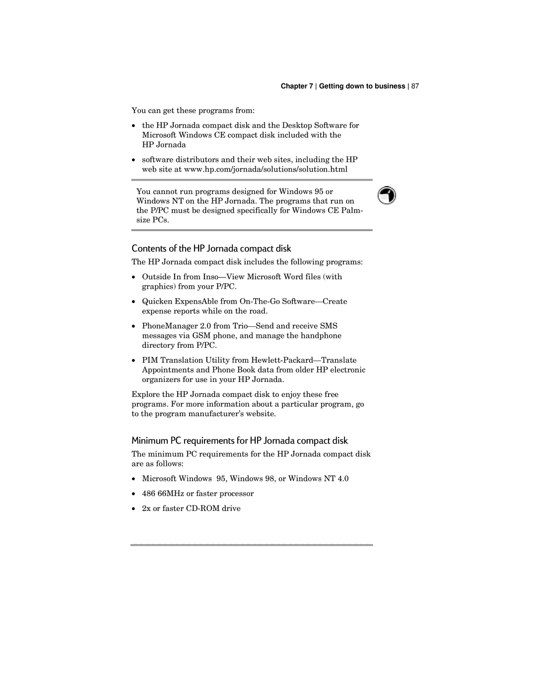 HP 420 manual Contents of the HP Jornada compact disk, Minimum PC requirements for HP Jornada compact disk 