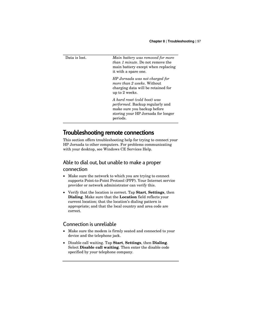 HP 420 manual Troubleshooting remote connections, Able to dial out, but unable to make a proper connection 