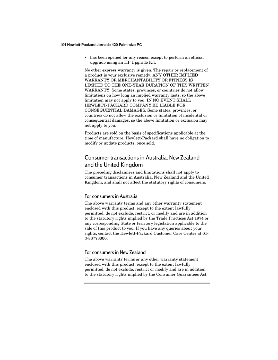 HP 420 manual For consumers in Australia, For consumers in New Zealand 