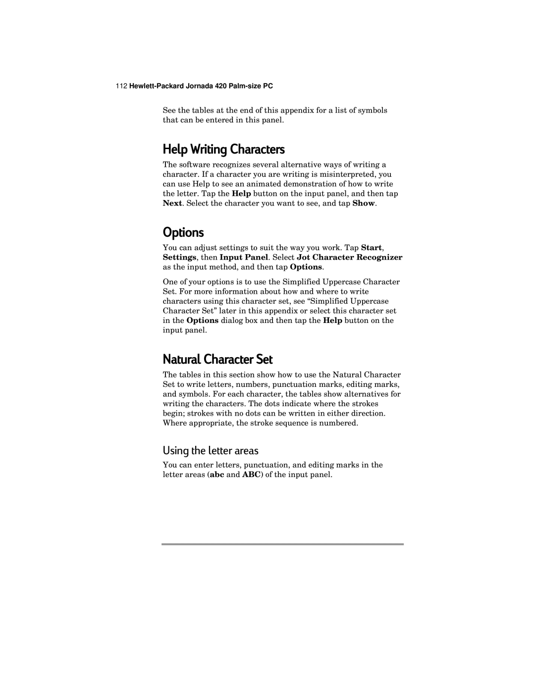 HP 420 manual Help Writing Characters, Options, Natural Character Set, Using the letter areas 