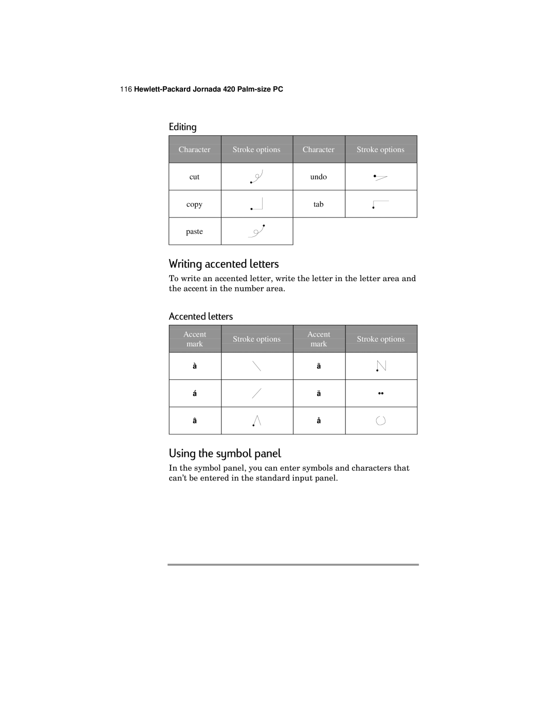 HP 420 manual Writing accented letters, Using the symbol panel, Accented letters 