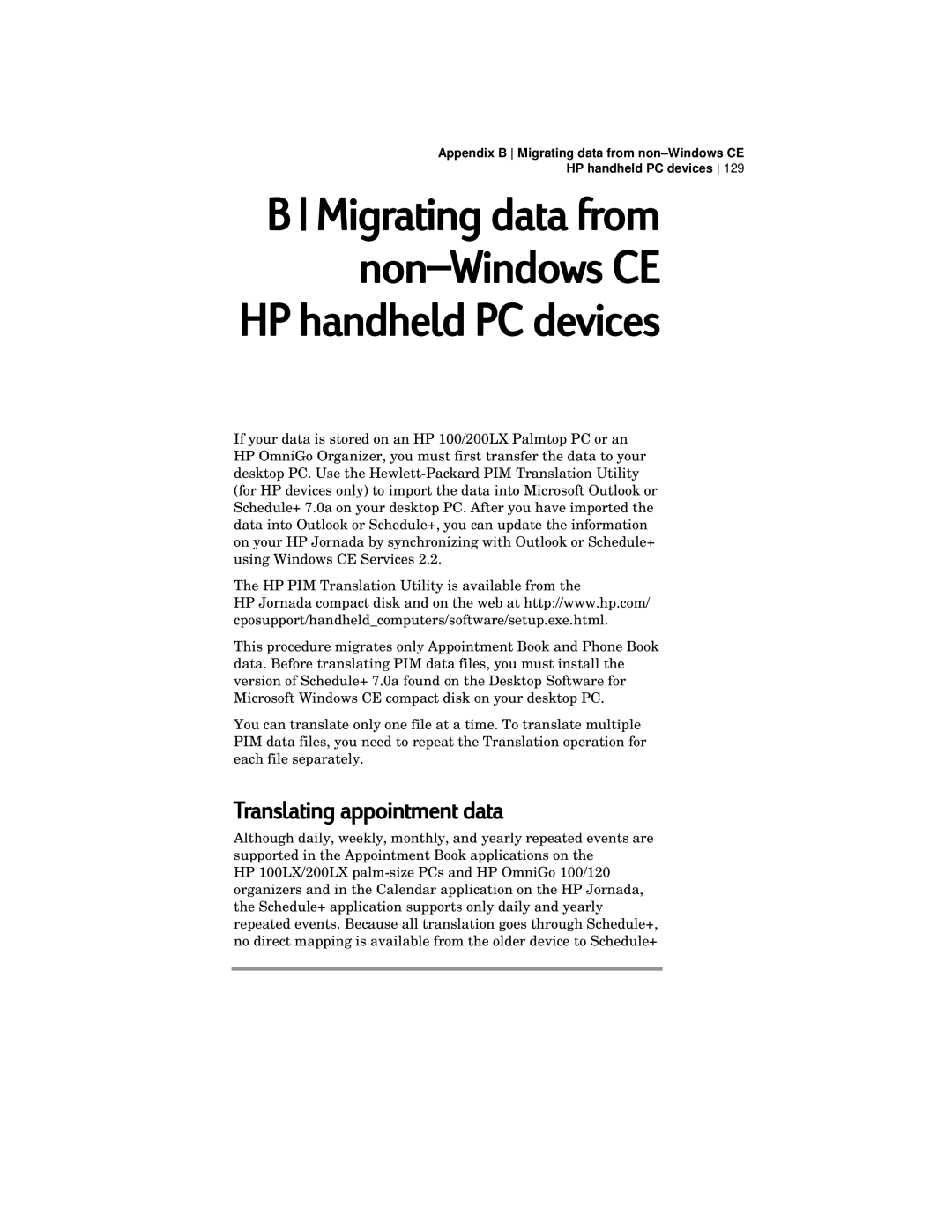 HP 420 manual Migrating data from non-Windows CE HP handheld PC devices, Translating appointment data 