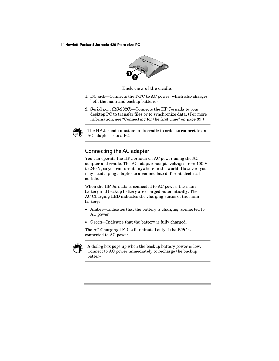 HP 420 manual Connecting the AC adapter, Back view of the cradle 