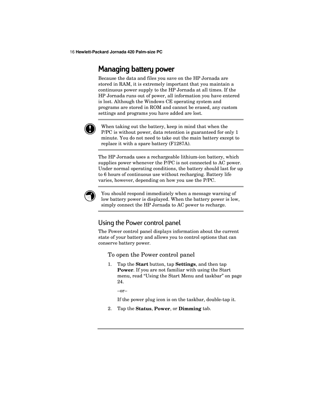 HP 420 manual Managing battery power, Using the Power control panel, To open the Power control panel 