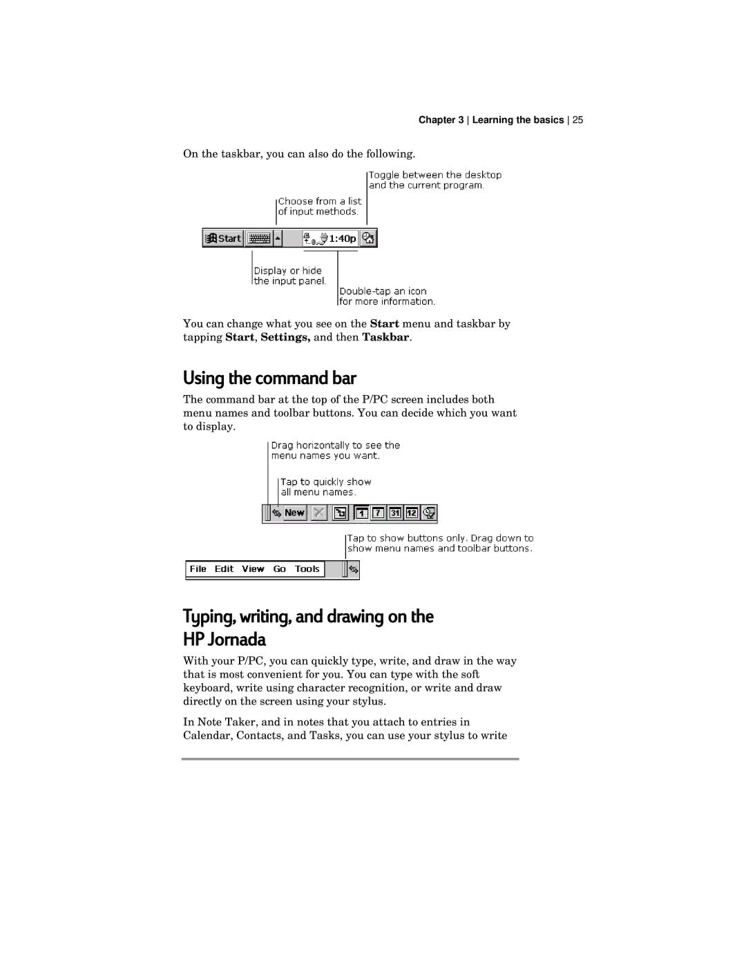 HP 420 manual Using the command bar, Typing, writing, and drawing on HP Jornada 