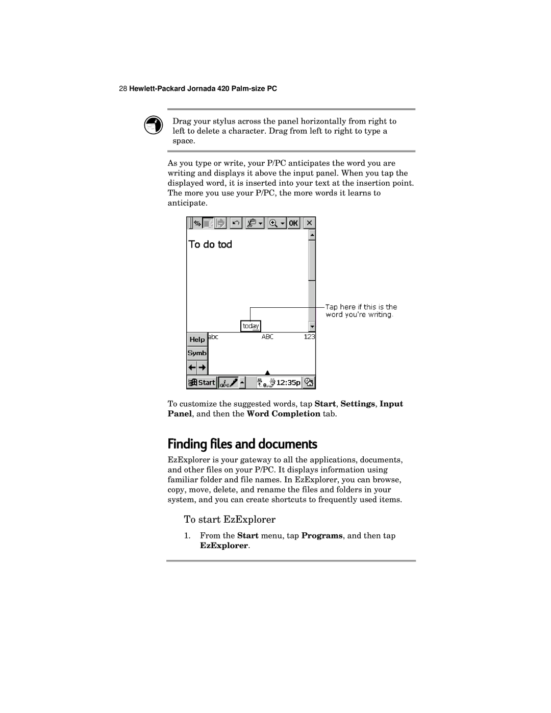 HP 420 manual Finding files and documents, To start EzExplorer 