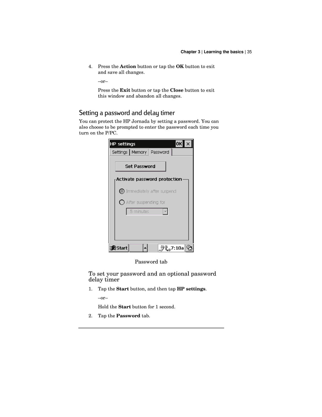 HP 420 manual Setting a password and delay timer, To set your password and an optional password delay timer 