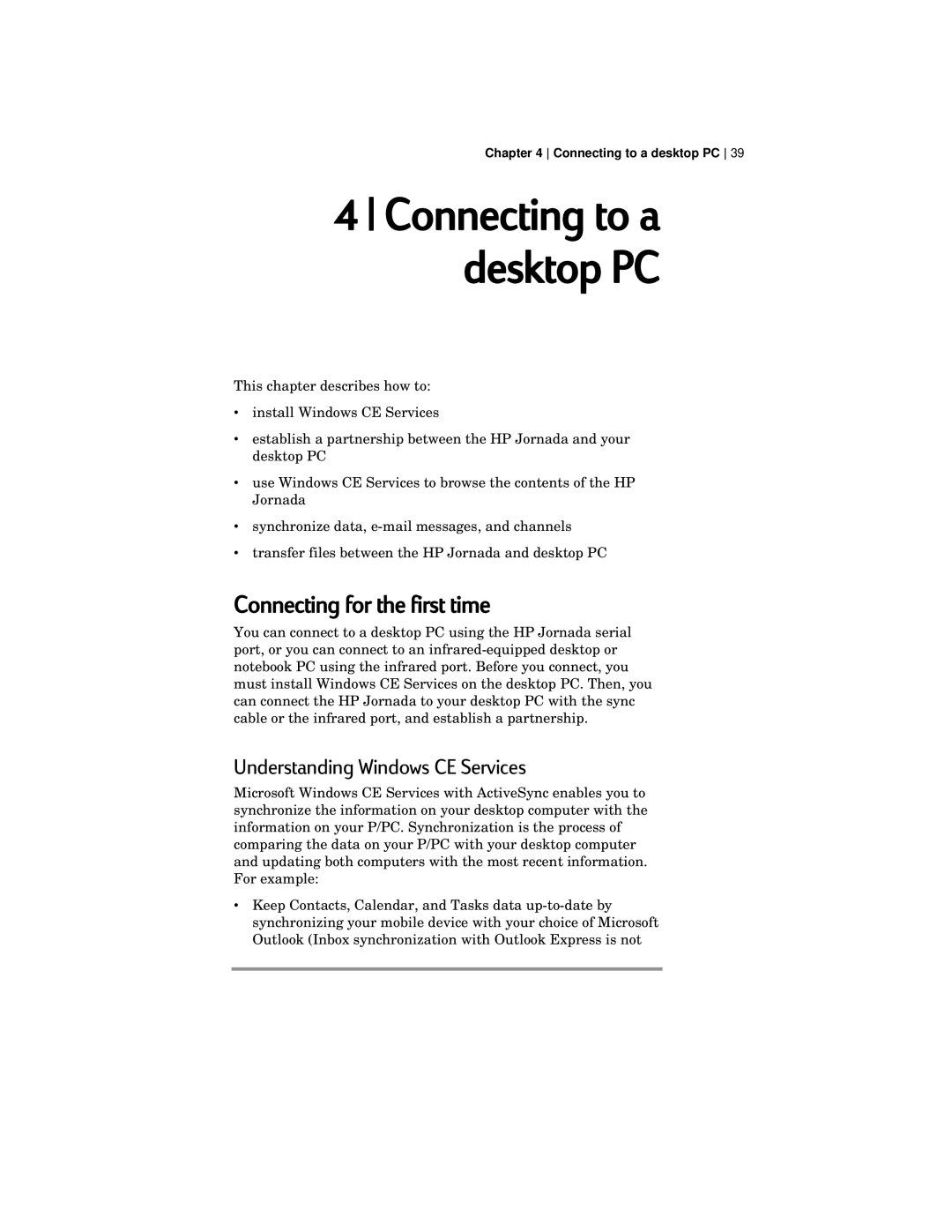 HP 420 manual Connecting for the first time, Understanding Windows CE Services 