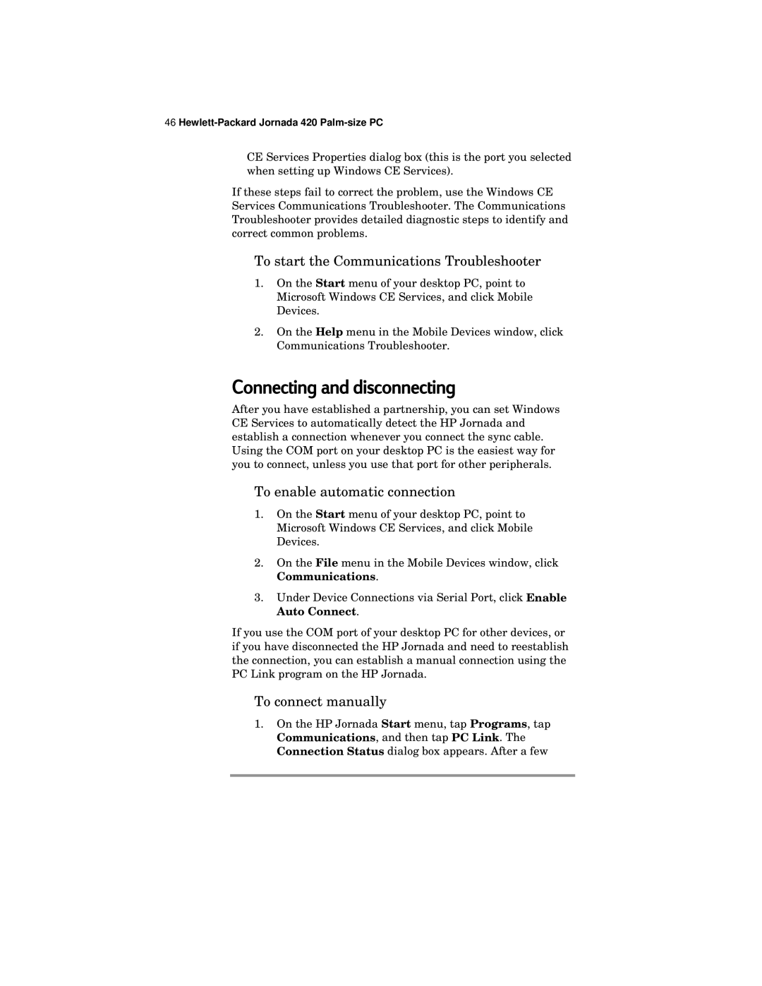 HP 420 manual Connecting and disconnecting, To start the Communications Troubleshooter, To enable automatic connection 