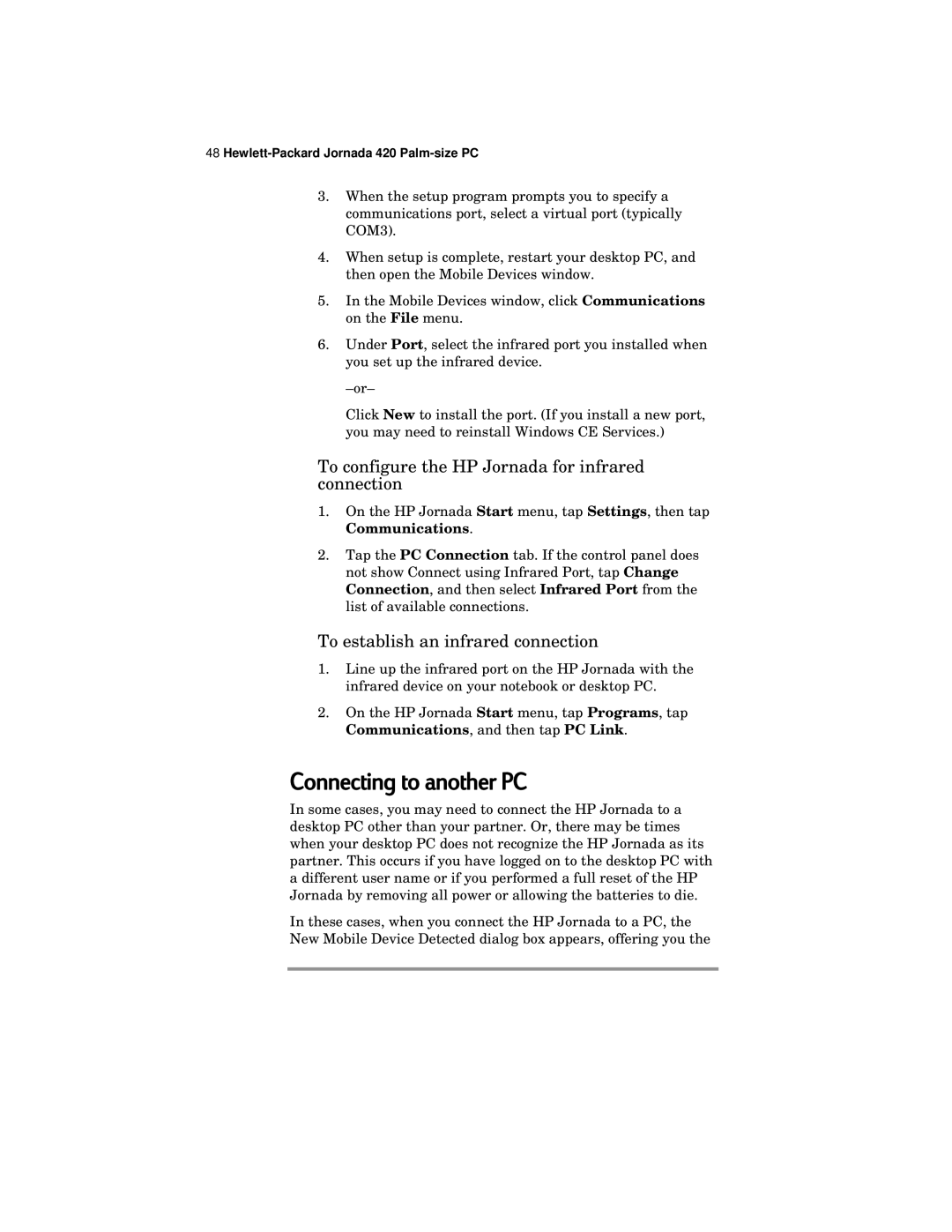 HP 420 Connecting to another PC, To configure the HP Jornada for infrared connection, To establish an infrared connection 