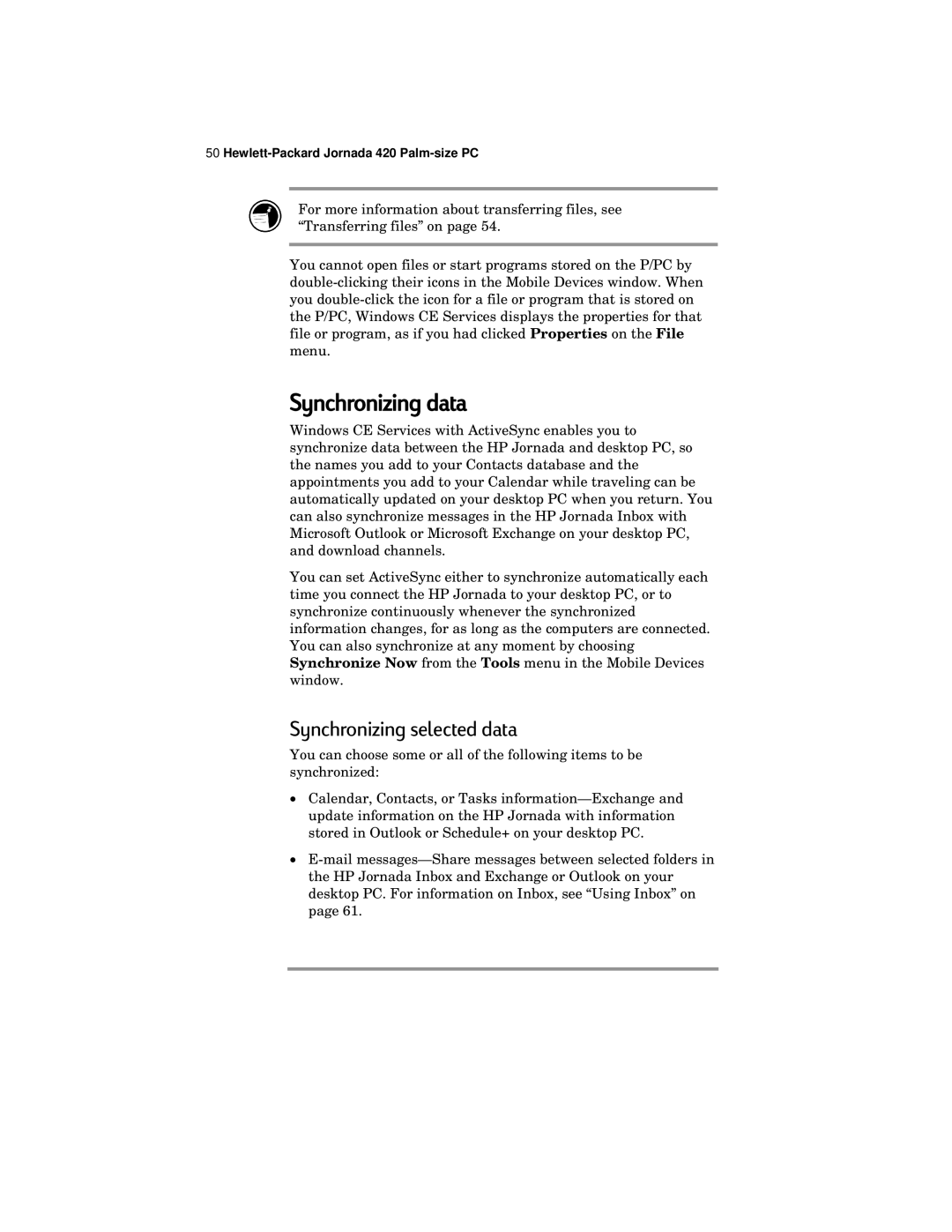 HP 420 manual Synchronizing data, Synchronizing selected data 