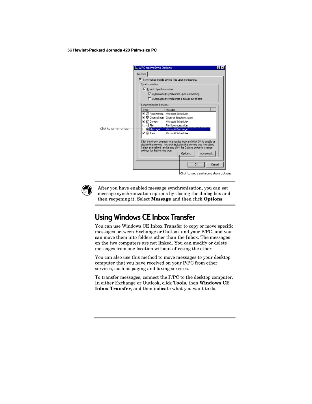 HP 420 manual Using Windows CE Inbox Transfer 