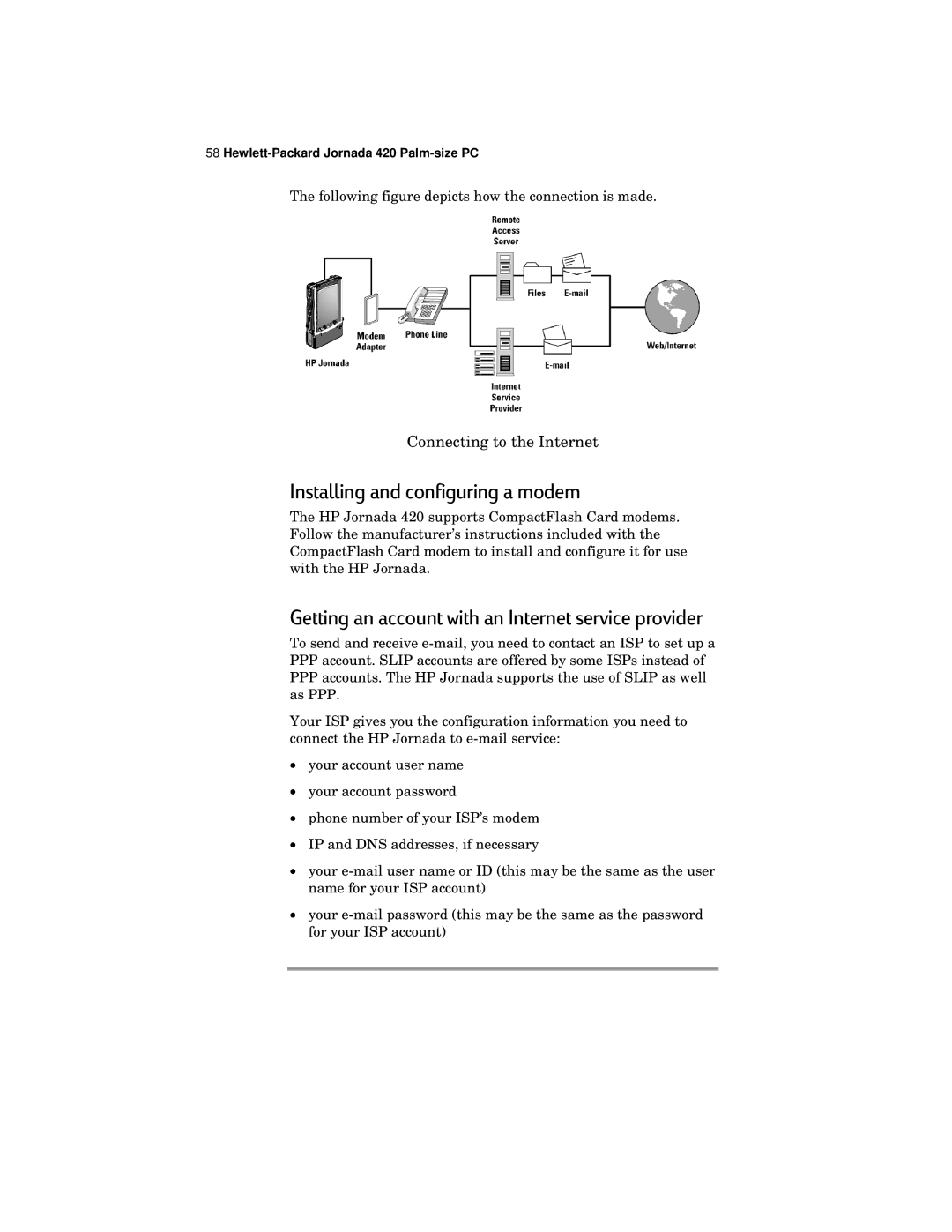 HP 420 manual Installing and configuring a modem, Getting an account with an Internet service provider 