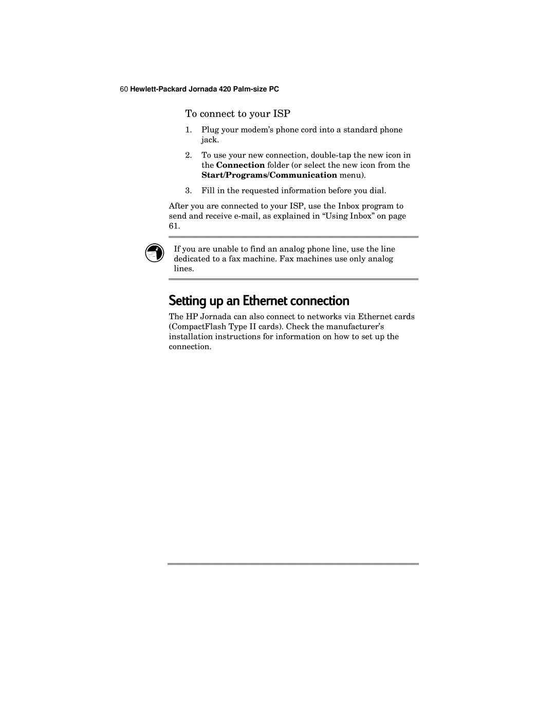 HP 420 manual Setting up an Ethernet connection, To connect to your ISP 