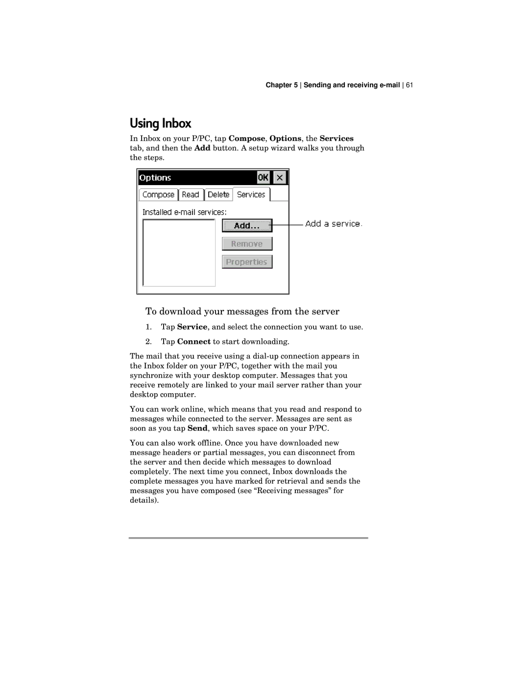 HP 420 manual Using Inbox, To download your messages from the server 