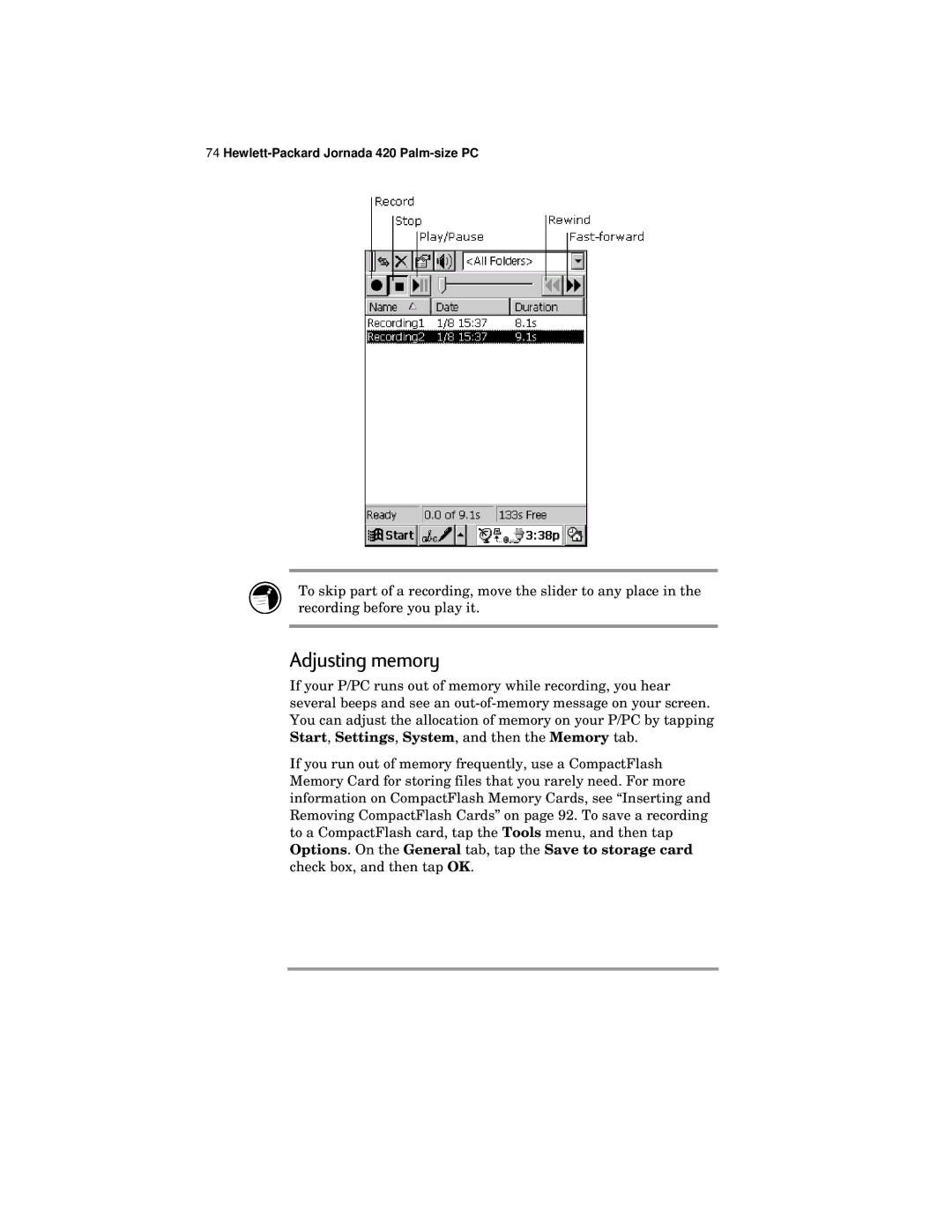 HP 420 manual Adjusting memory 