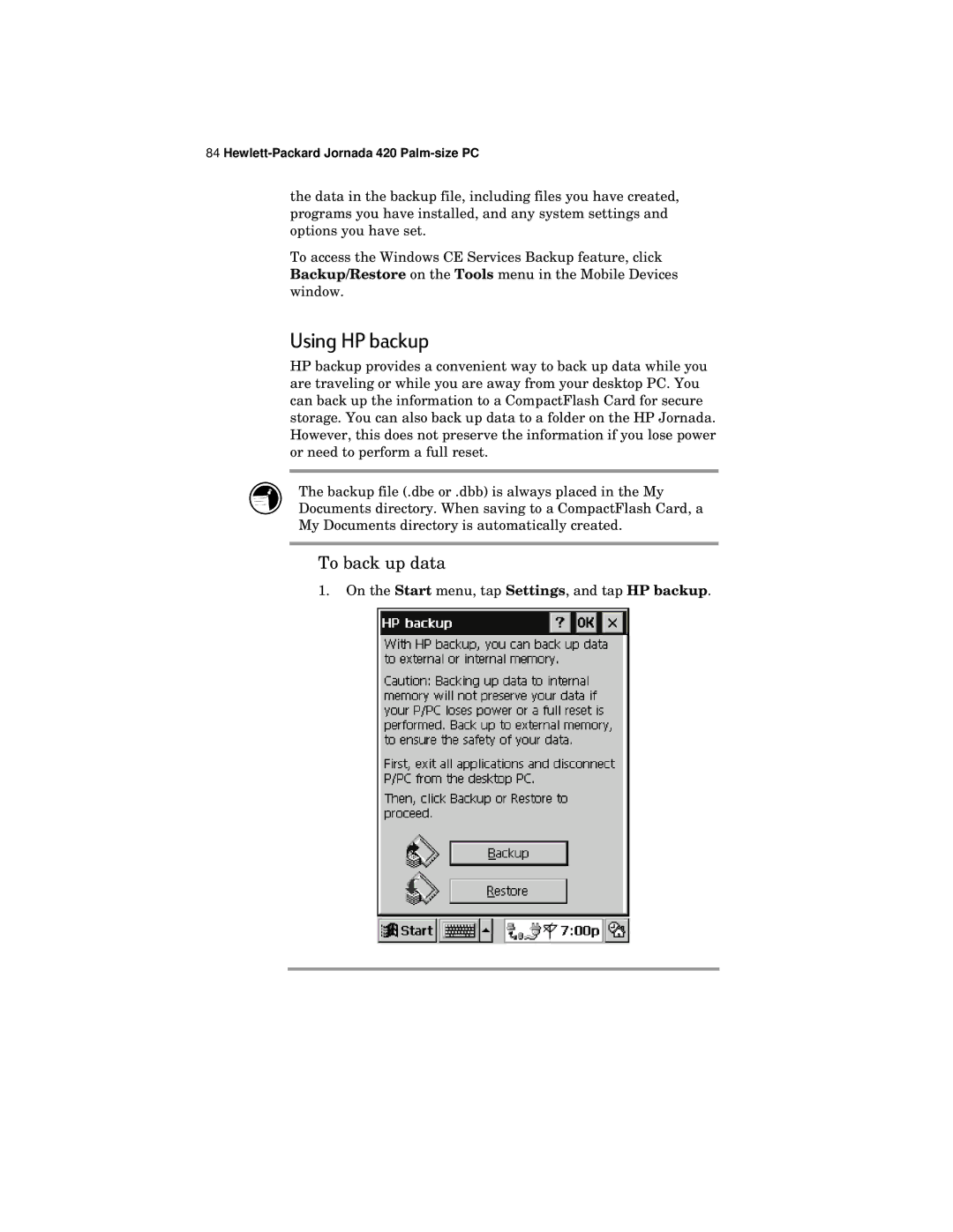 HP 420 manual Using HP backup, To back up data 