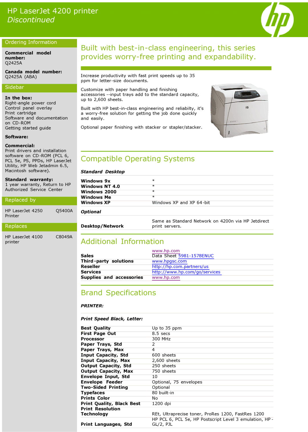 HP 4200 Q2425A manual Compatible Operating Systems, Additional Information, Brand Specifications, Printer, GL/2, PJL 