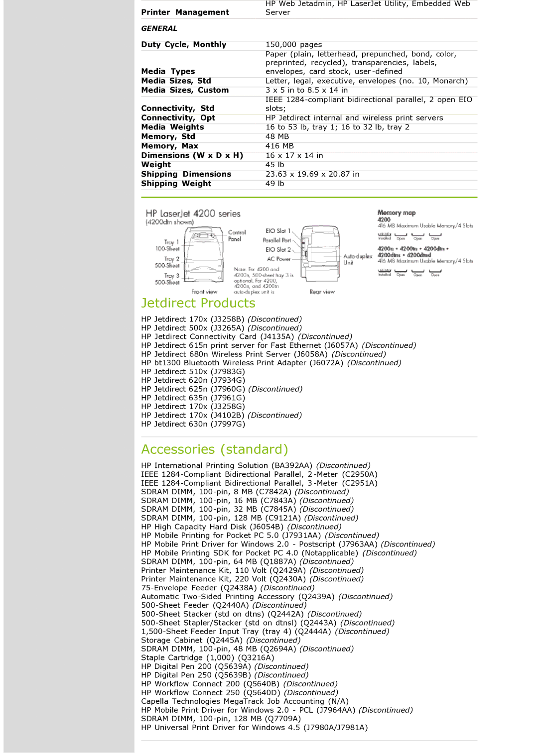 HP 4200 Q2425A manual Jetdirect Products, Accessories standard, General 