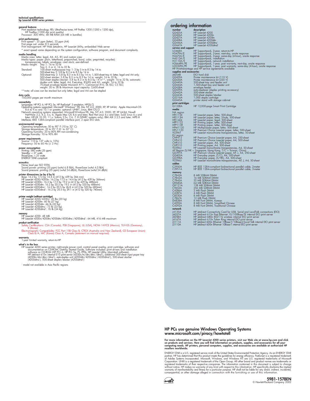 HP 4200dtns1, 4200dtnsl1 manual Ordering information, HP PCs use genuine Windows Operating Systems, 5981-1578EN 