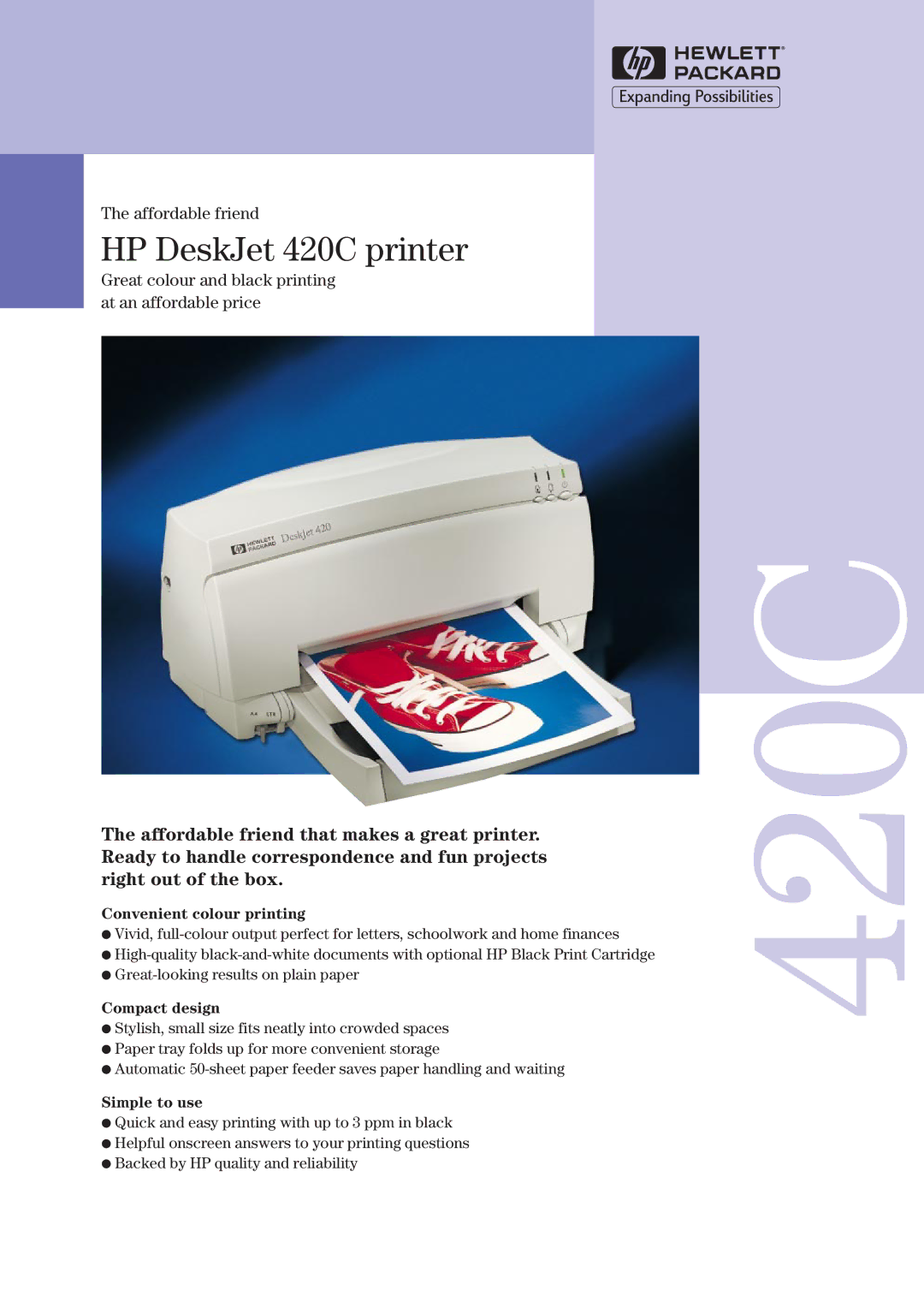 HP 420C manual Convenient colour printing, Compact design, Simple to use 