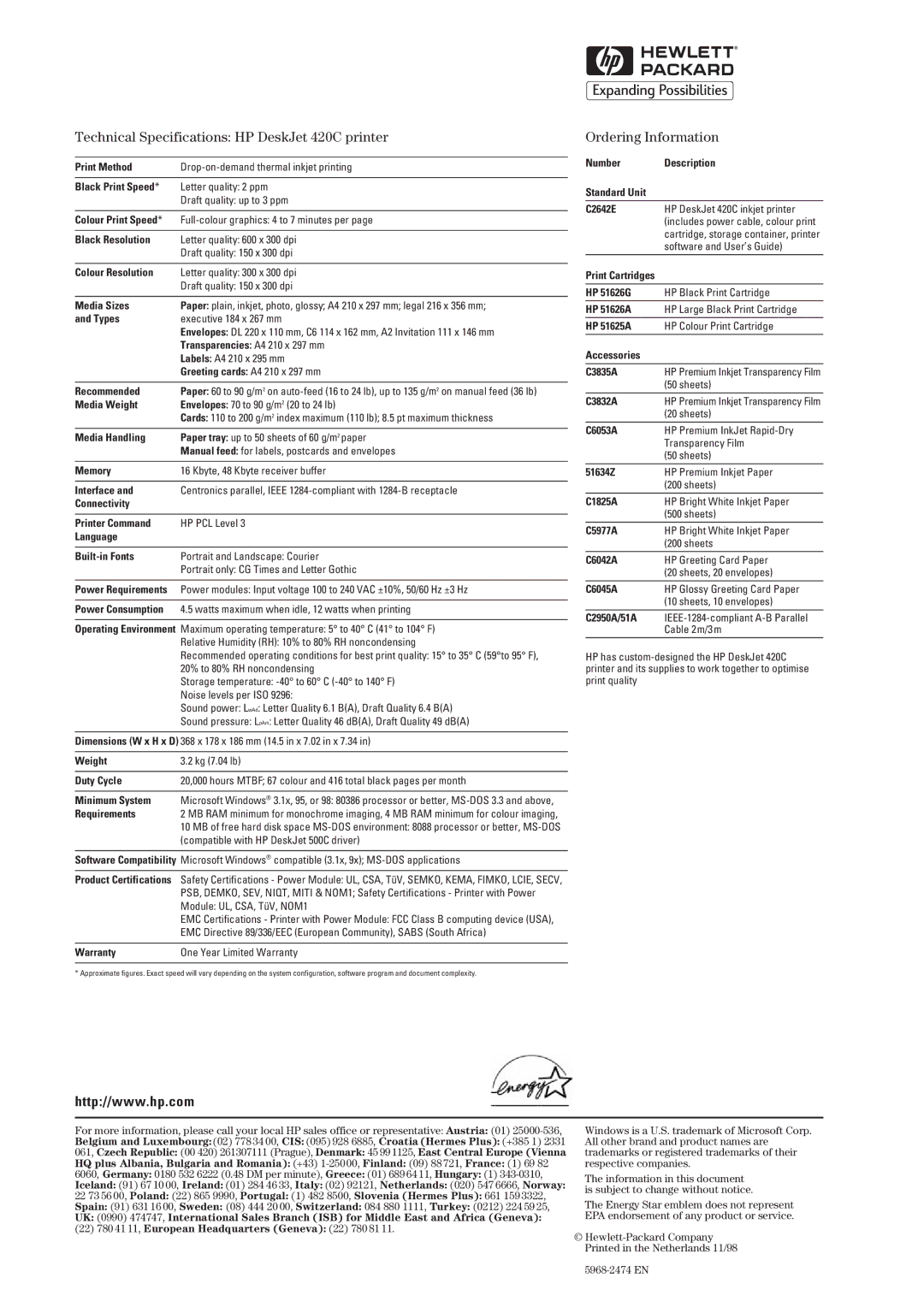 HP 420C manual Print Method, Black Print Speed, Colour Print Speed, Black Resolution, Colour Resolution, Media Sizes, Types 