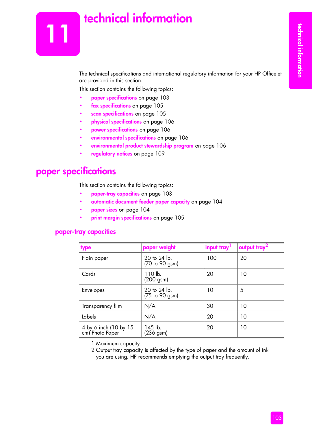 HP 4255, 4215v, 4215xi manual Technical information, Paper specifications, Paper-tray capacities 