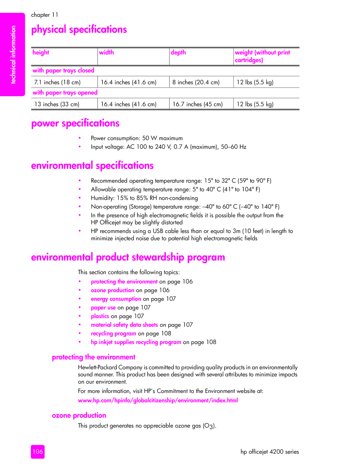 HP 4215v, 4255, 4215xi manual Physical specifications, Power specifications, Environmental specifications 