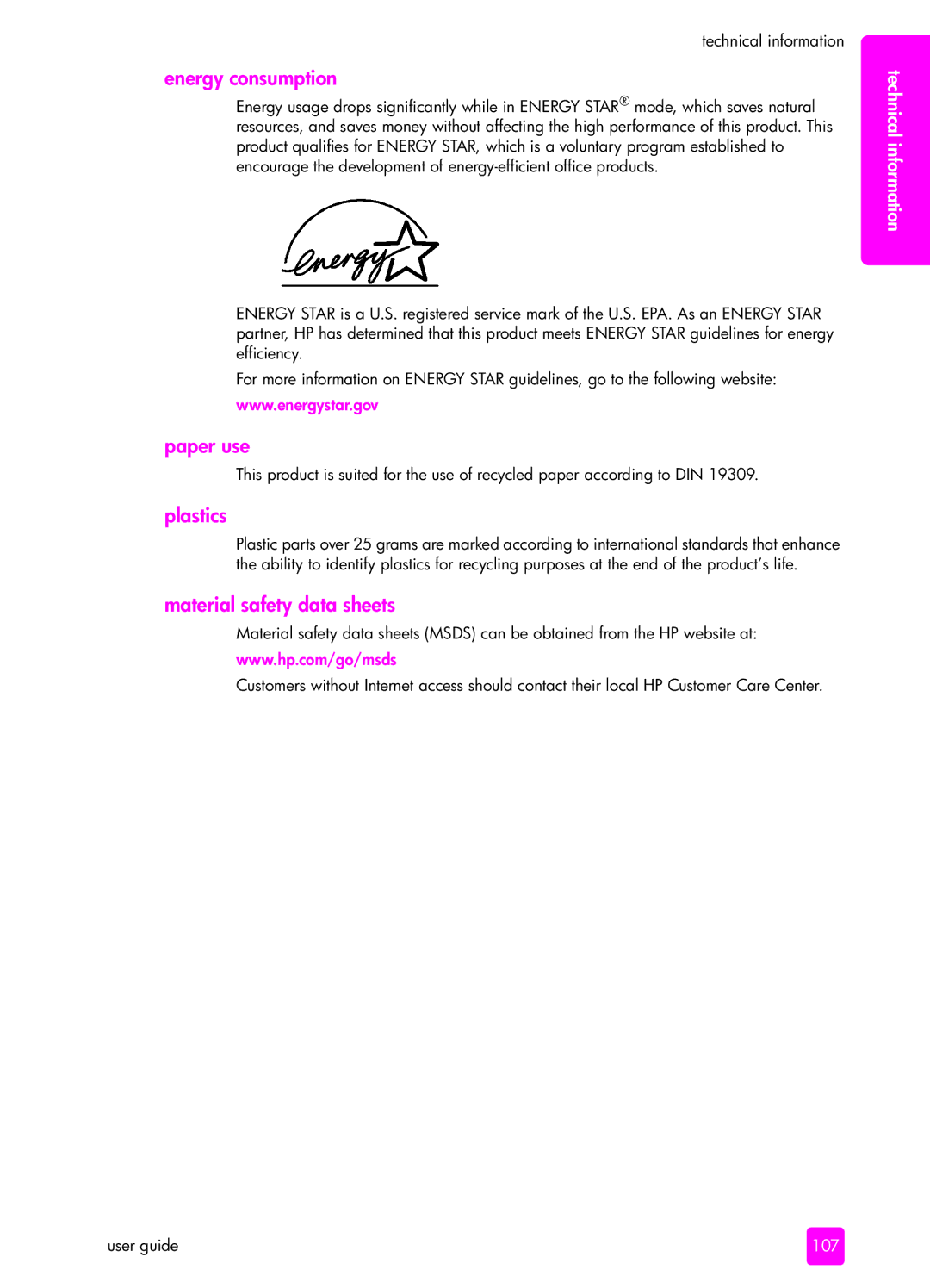 HP 4255, 4215v, 4215xi manual Energy consumption, Paper use, Plastics, Material safety data sheets 