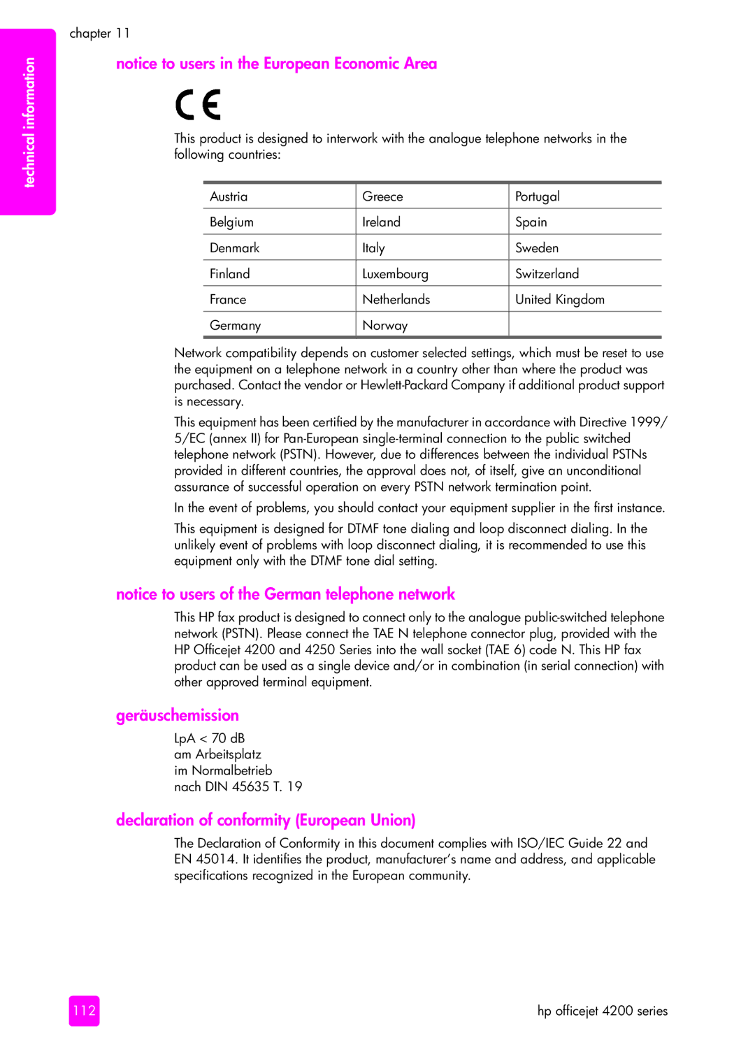 HP 4215v, 4255, 4215xi manual Geräuschemission, Declaration of conformity European Union 