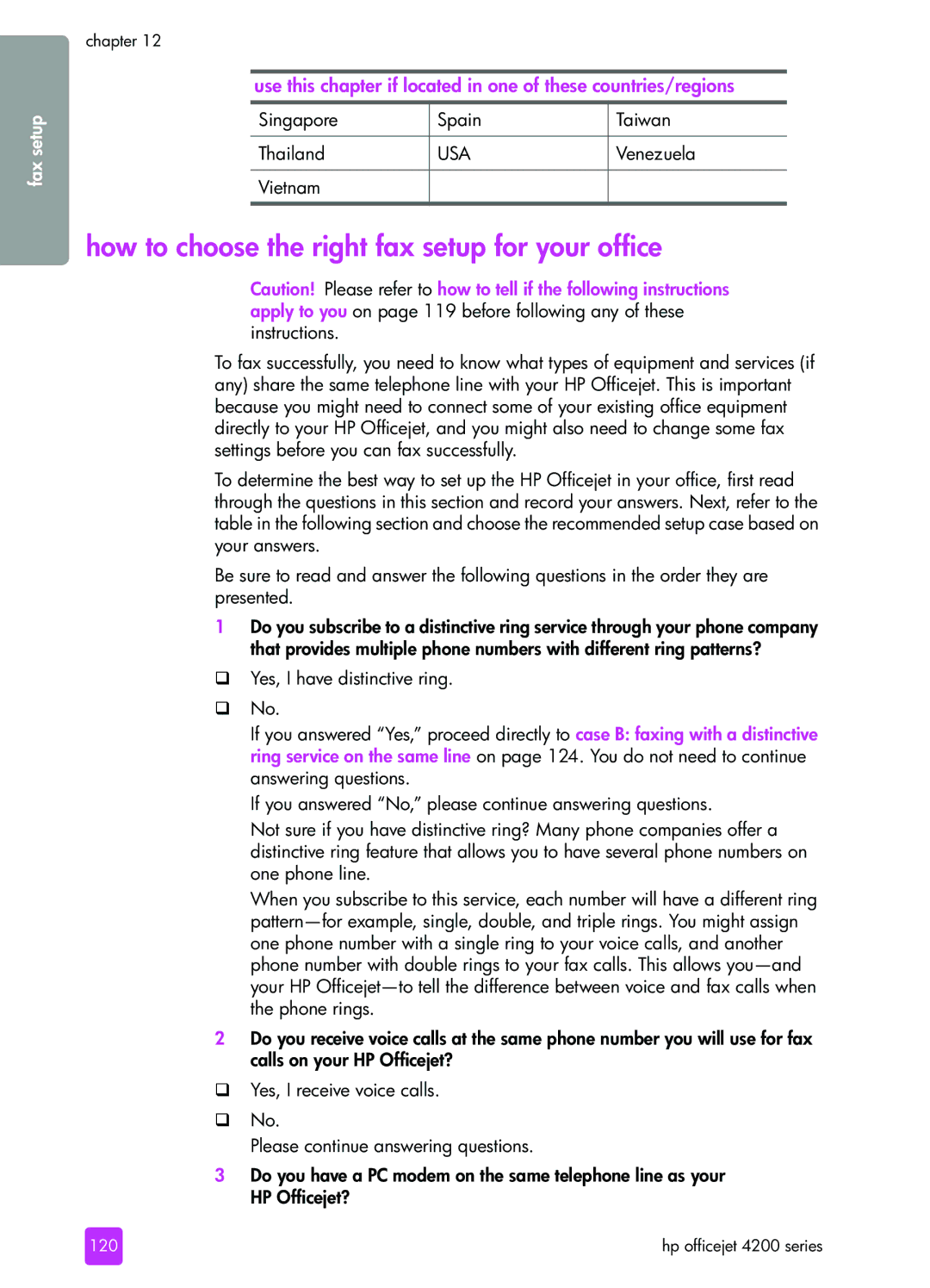 HP 4215v, 4255 How to choose the right fax setup for your office, Singapore Spain Taiwan Thailand, Venezuela, Vietnam 