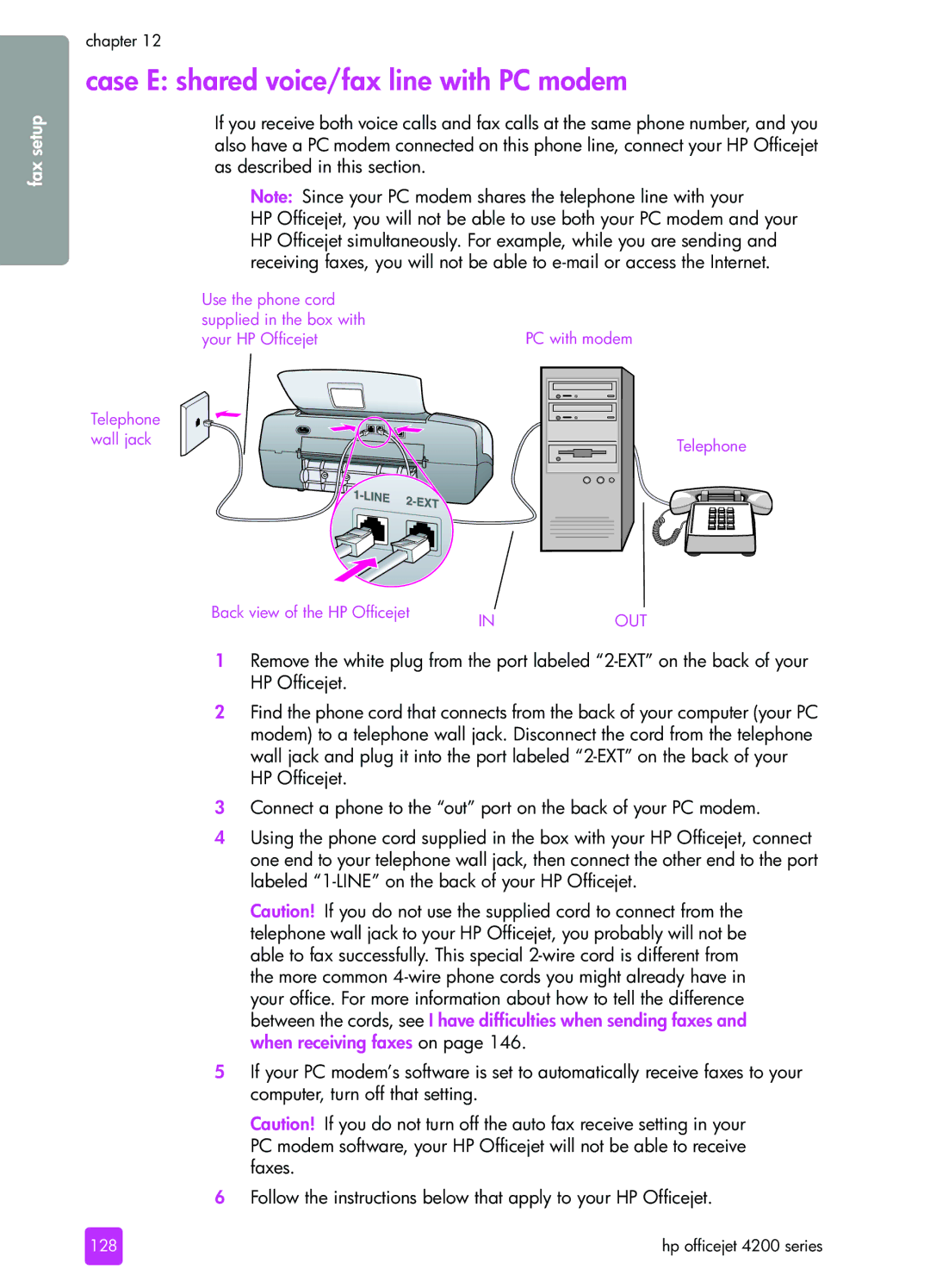 HP 4215v, 4255, 4215xi manual Case E shared voice/fax line with PC modem 