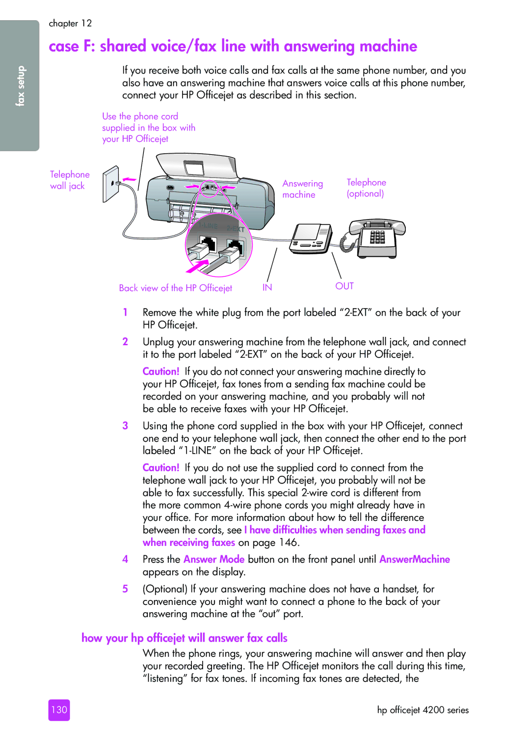 HP 4215v, 4255, 4215xi Case F shared voice/fax line with answering machine, How your hp officejet will answer fax calls 