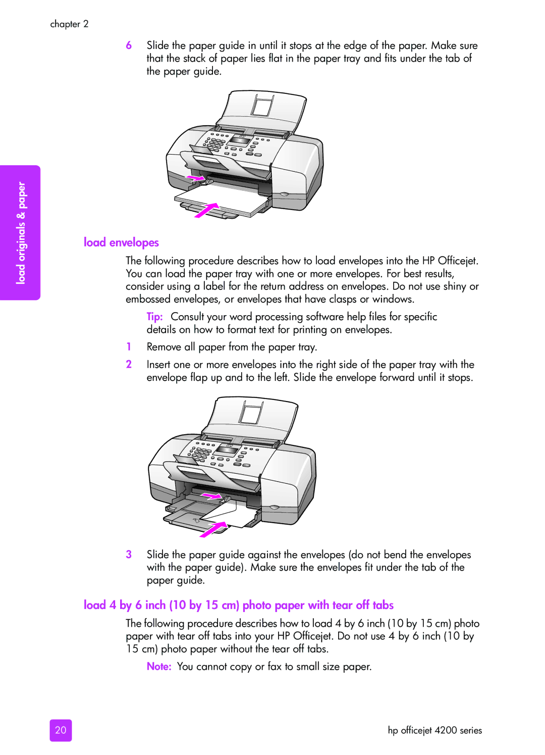 HP 4215v, 4255, 4215xi manual Load envelopes, Load 4 by 6 inch 10 by 15 cm photo paper with tear off tabs 