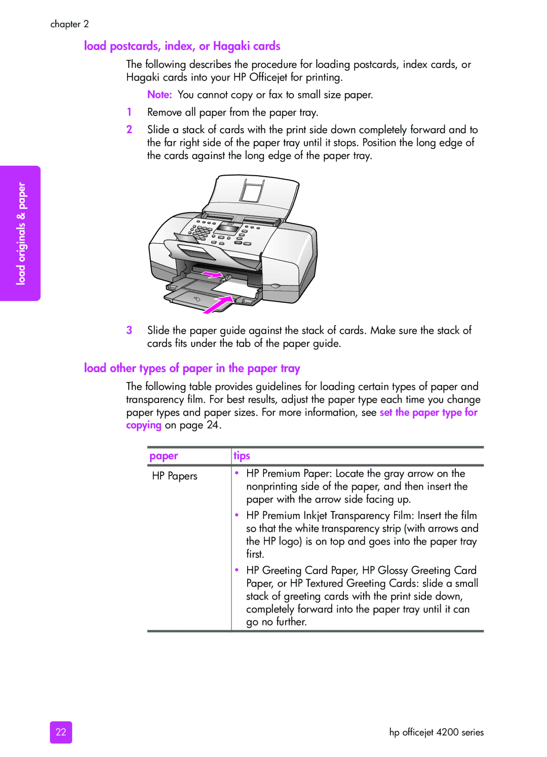 HP 4215v, 4255, 4215xi manual Load postcards, index, or Hagaki cards, Load other types of paper in the paper tray, Paper Tips 