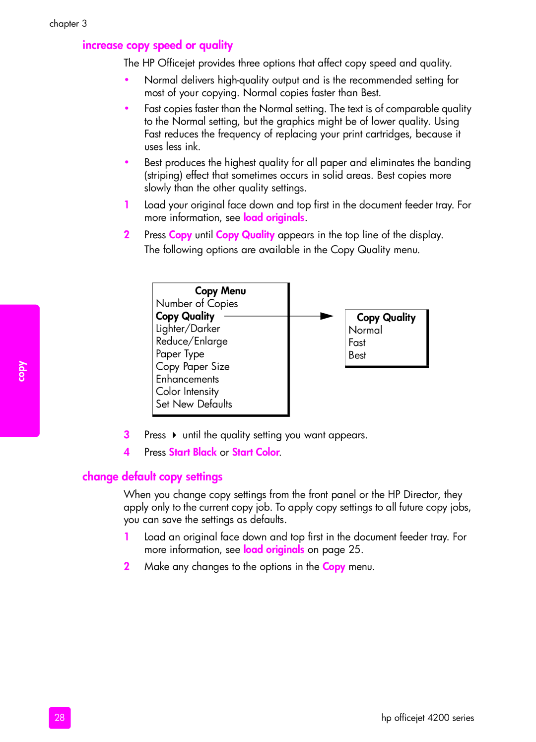 HP 4215v, 4255, 4215xi manual Increase copy speed or quality, Change default copy settings 