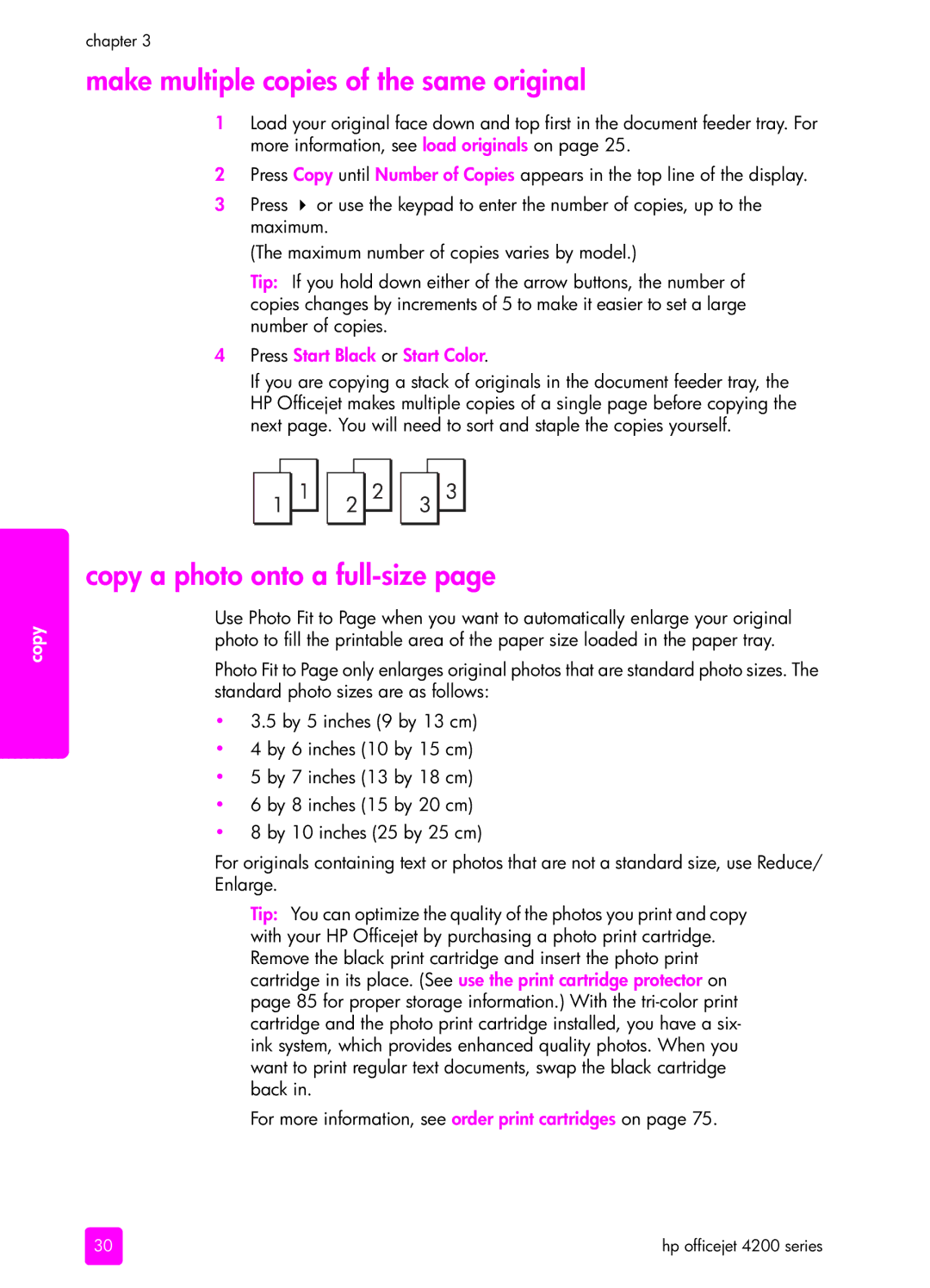 HP 4215v, 4255, 4215xi manual Make multiple copies of the same original, Copy a photo onto a full-size 