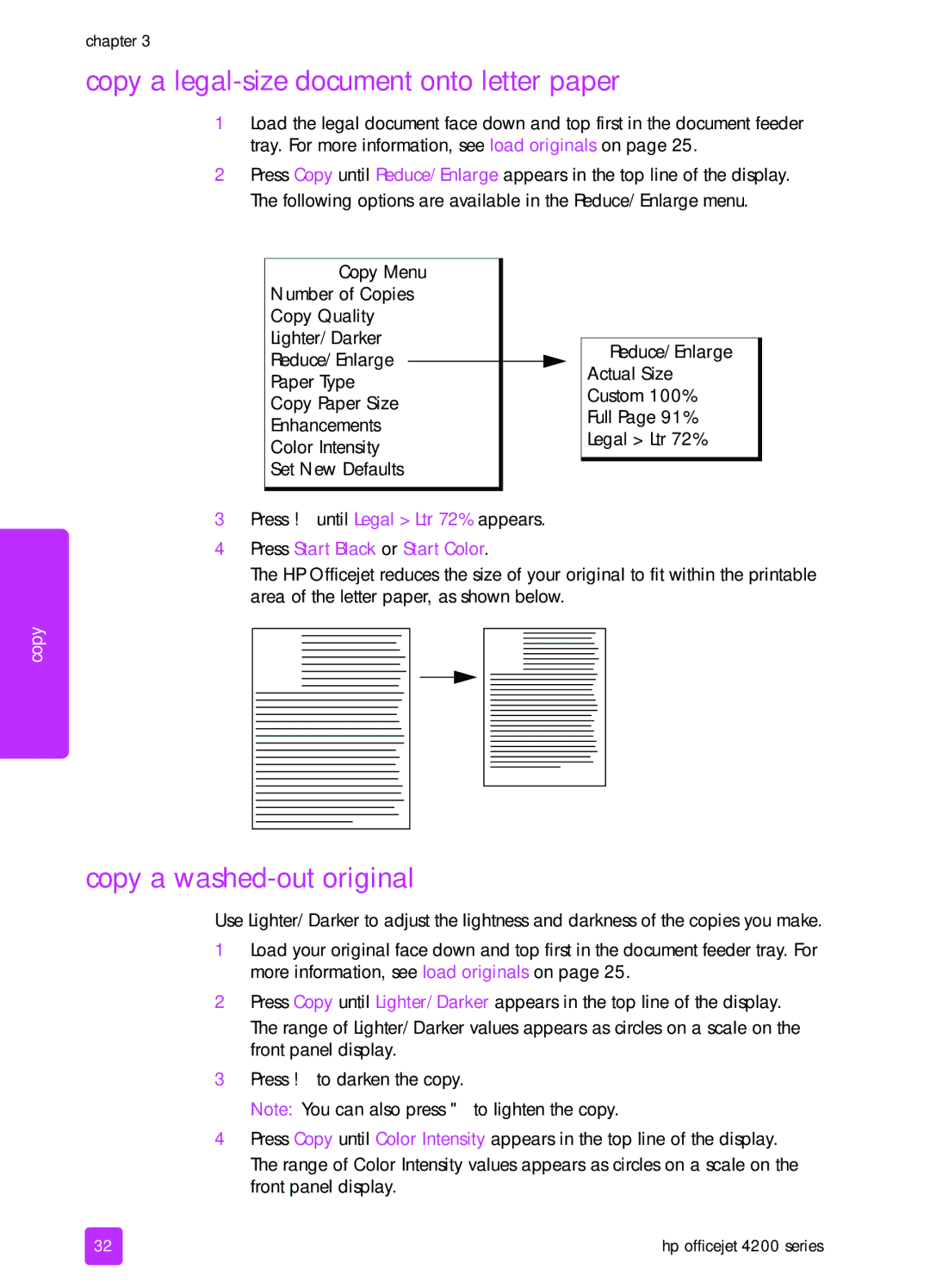 HP 4215v, 4255, 4215xi manual Copy a legal-size document onto letter paper, Copy a washed-out original 