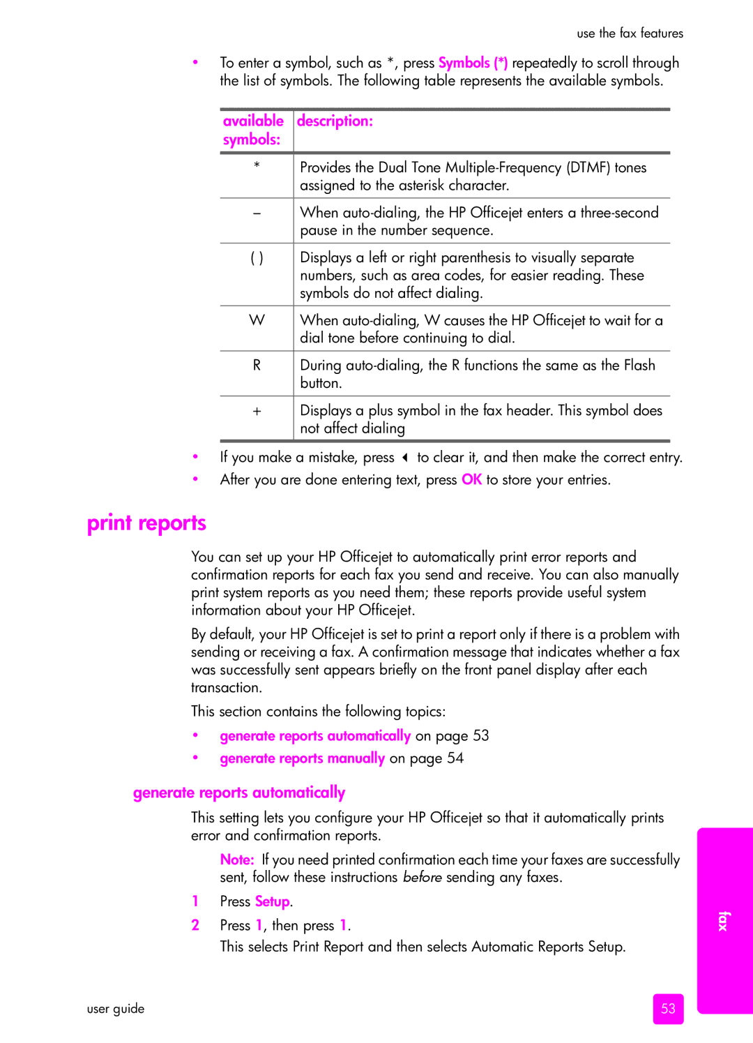 HP 4215xi, 4215v, 4255 manual Print reports, Available description symbols, Generate reports automatically 