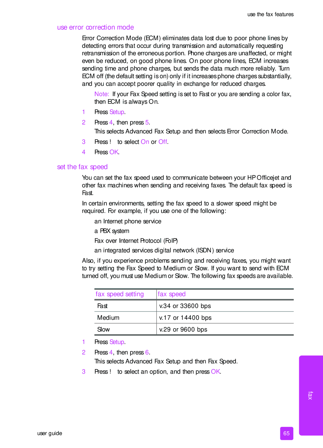 HP 4215xi, 4215v, 4255 manual Use error correction mode, Set the fax speed, Fax speed setting 