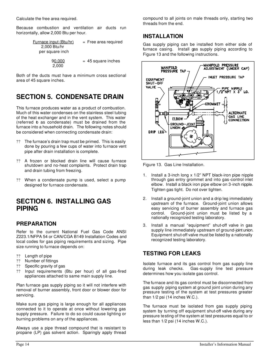 HP 422690 I manual Condensate Drain, Installing GAS Piping, Preparation, Installation, Testing for Leaks 