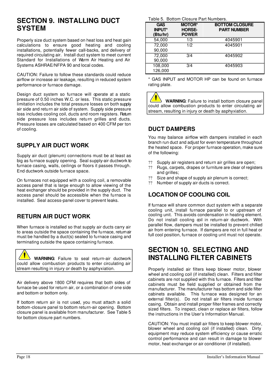 HP 422690 I manual Installing Duct System, Selecting and Installing Filter Cabinets 