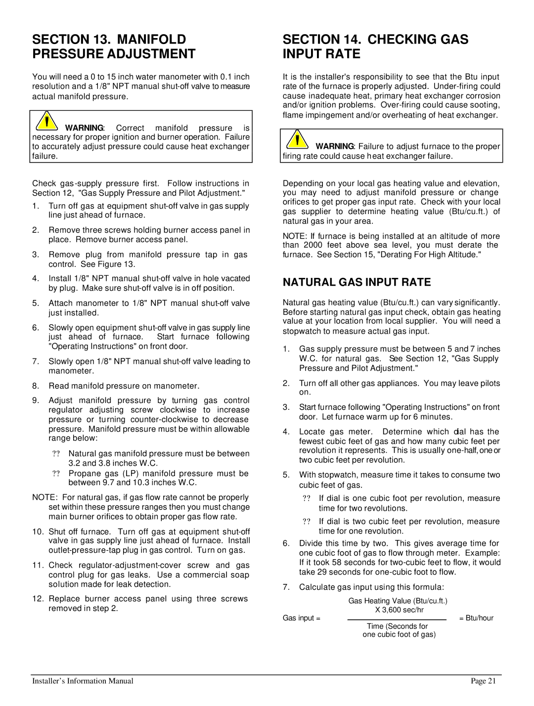 HP 422690 I manual Manifold Pressure Adjustment, Checking GAS Input Rate, Natural GAS Input Rate 