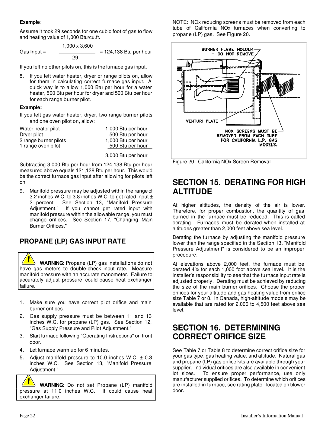 HP 422690 I manual Derating for High Altitude, Determining Correct Orifice Size, Propane LP GAS Input Rate 