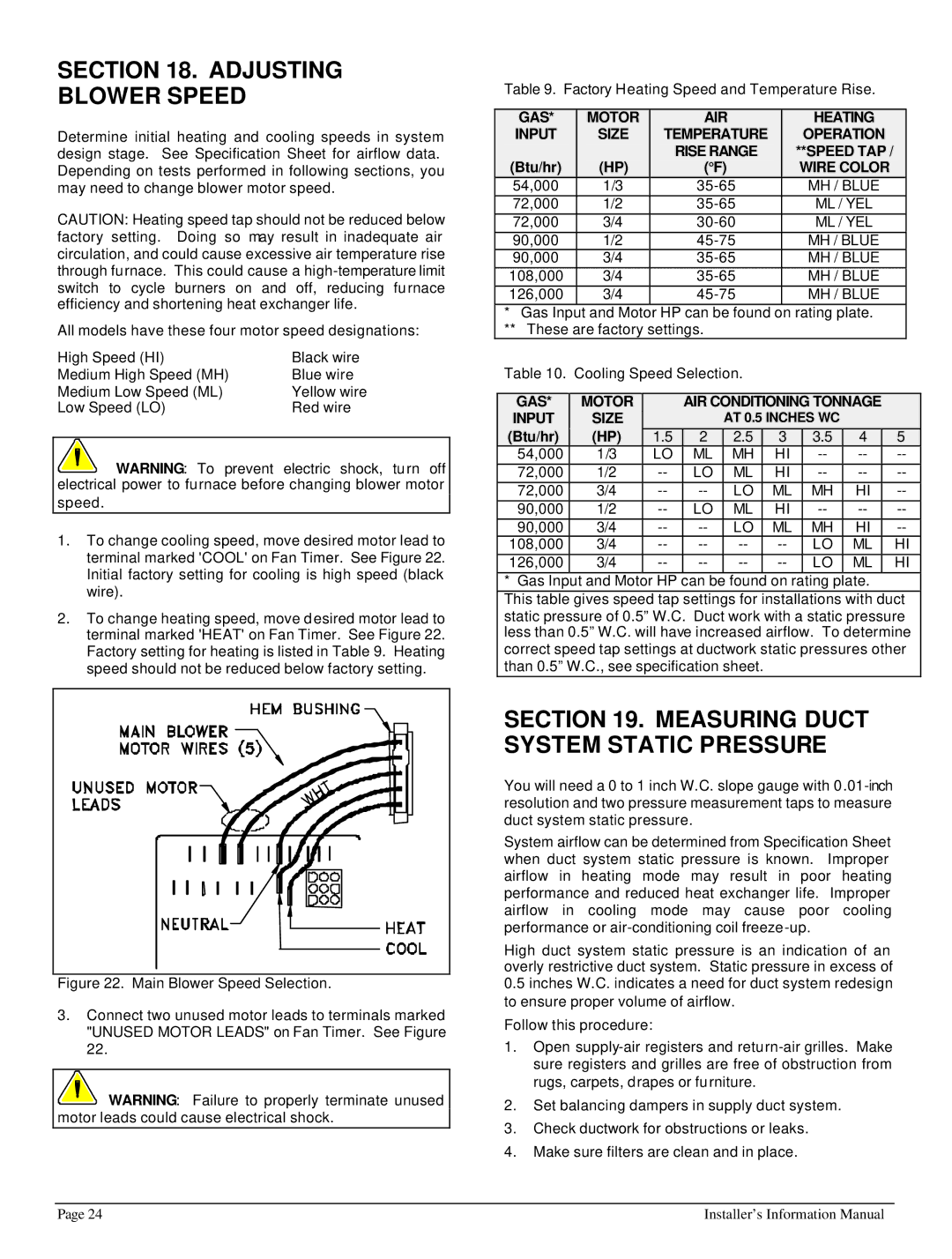 HP 422690 I manual Adjusting Blower Speed, Measuring Duct System Static Pressure, Wire Color 