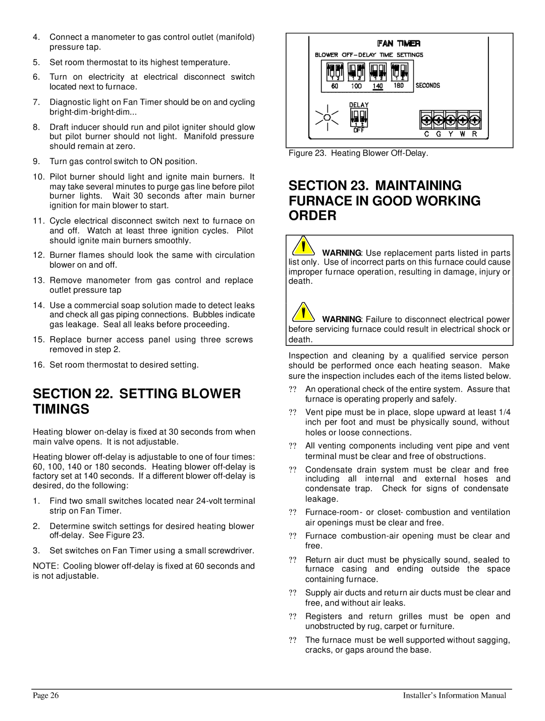 HP 422690 I manual Setting Blower Timings, Maintaining Furnace in Good Working Order 